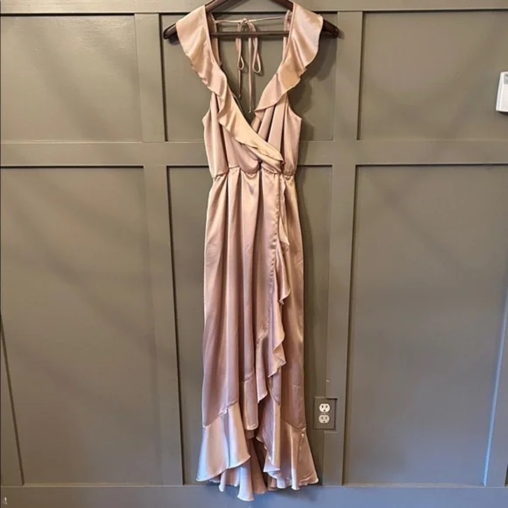 Show Me Your MuMu Champagne Satin Ruffle Wrap Maxi Dress - Picture 4 of 10
